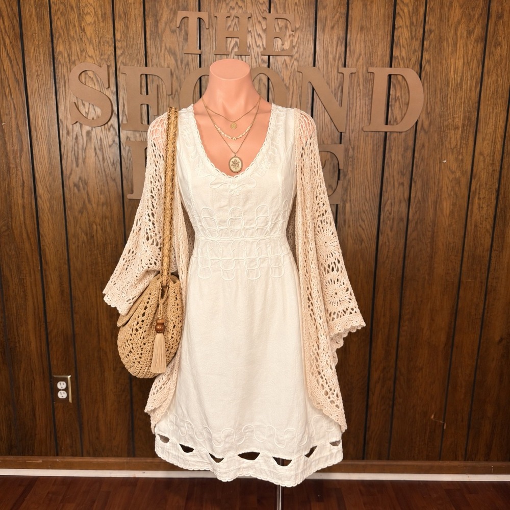 Cottagecore White Midi Eyelet Dress Cotton Natural Women Small Boho Coastal Folk